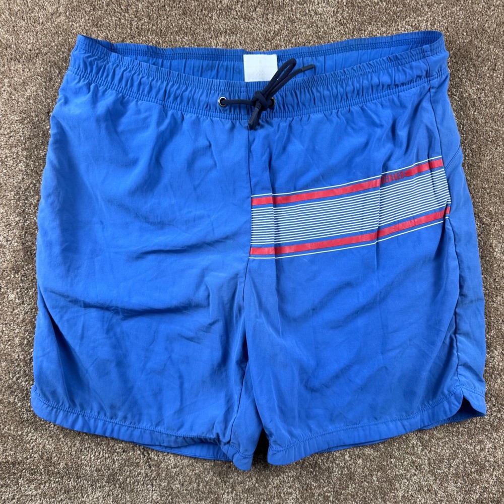 Rhone‎ Mens Blue Striped Graphic Swim Trunks Mesh Liner Zip Pockets Size Medium
